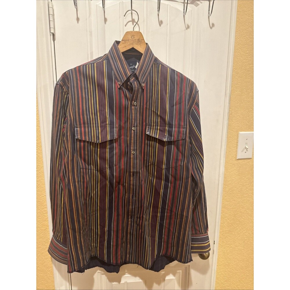 Vintage Wrangler Men Brush-popper Pearl Snap Red Blue Stripe Western Shirt M